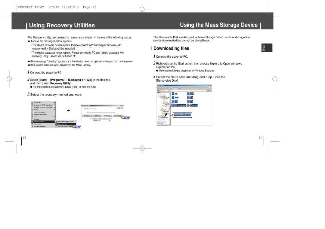 Samsung YH-925 manual Using Recovery Utilities, Using the Mass Storage Device 