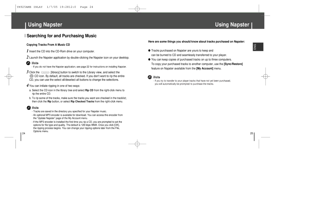 Samsung YH-925 manual Searching for and Purchasing Music, Tracks purchased on Napster are yours to keep 