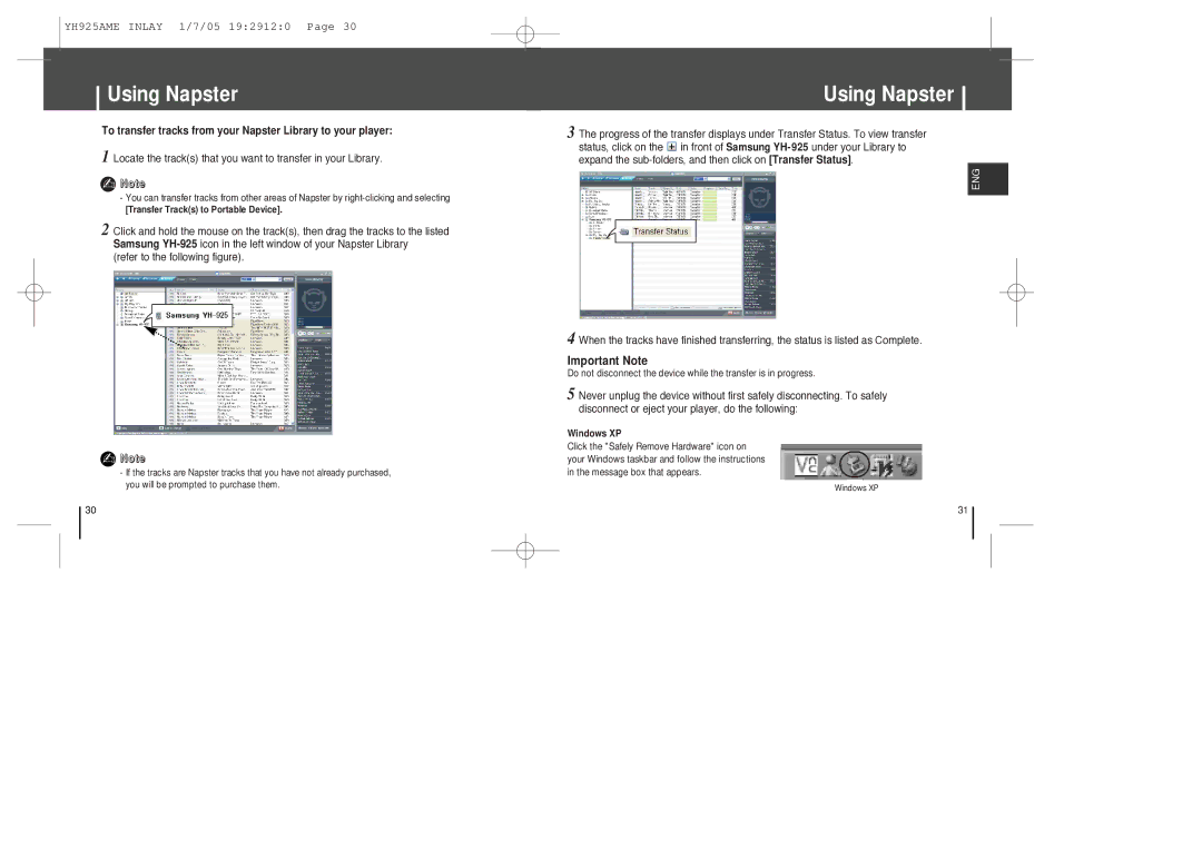 Samsung YH-925 manual Using Napster 