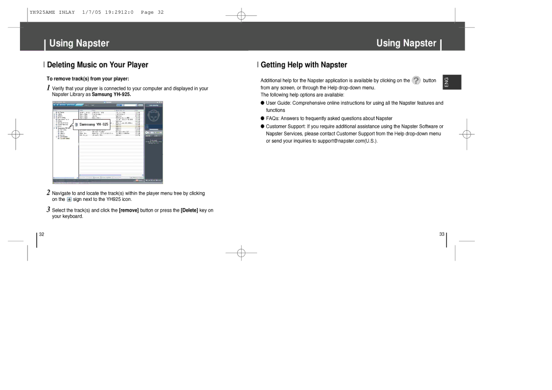 Samsung YH-925 manual Deleting Music on Your Player, Getting Help with Napster, Button 