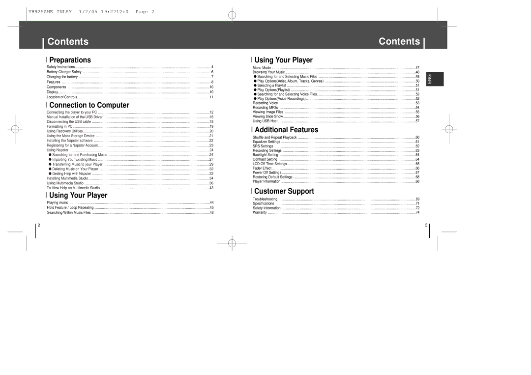 Samsung YH-925 manual Contents 