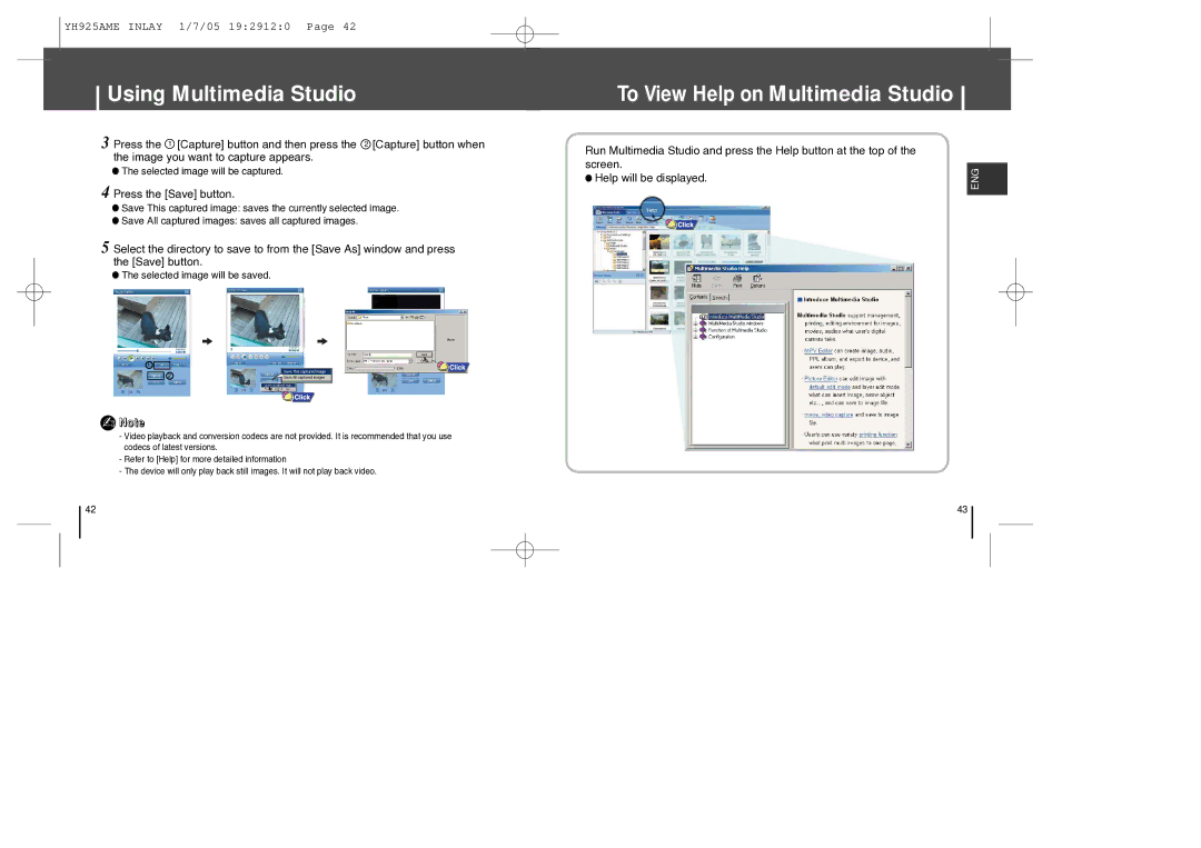 Samsung YH-925 manual To View Help on Multimedia Studio, Press the Save button 