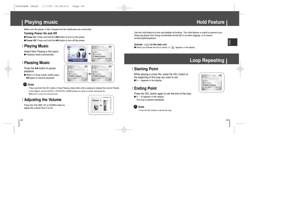 Samsung YH-925 manual Playing music 