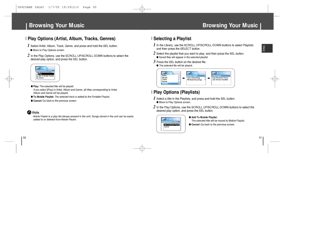 Samsung YH-925 manual Play Options Artist, Album, Tracks, Genres, Selecting a Playlist, Play Options Playlists 