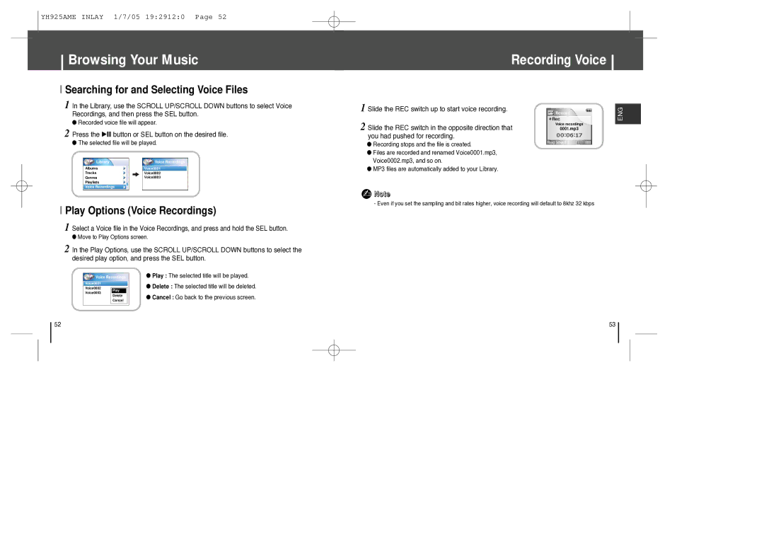 Samsung YH-925 manual Searching for and Selecting Voice Files, Play Options Voice Recordings, Library 