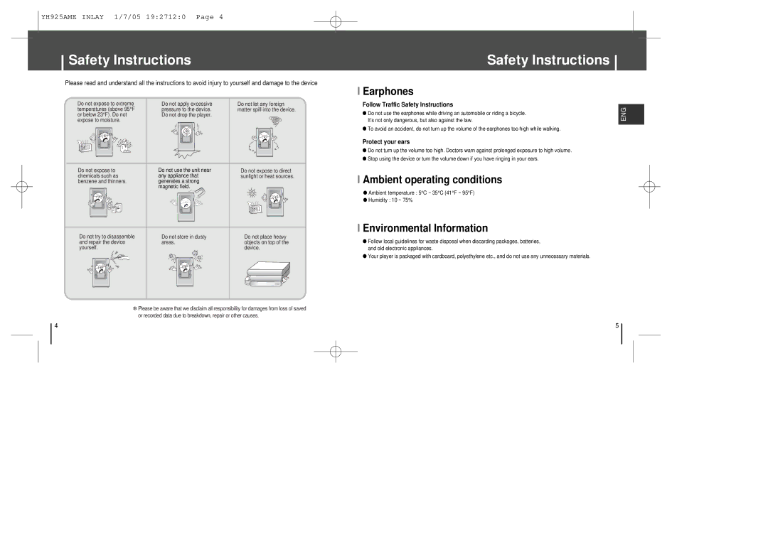 Samsung YH-925 manual Safety Instructions, Earphones, Ambient operating conditions, Environmental Information 