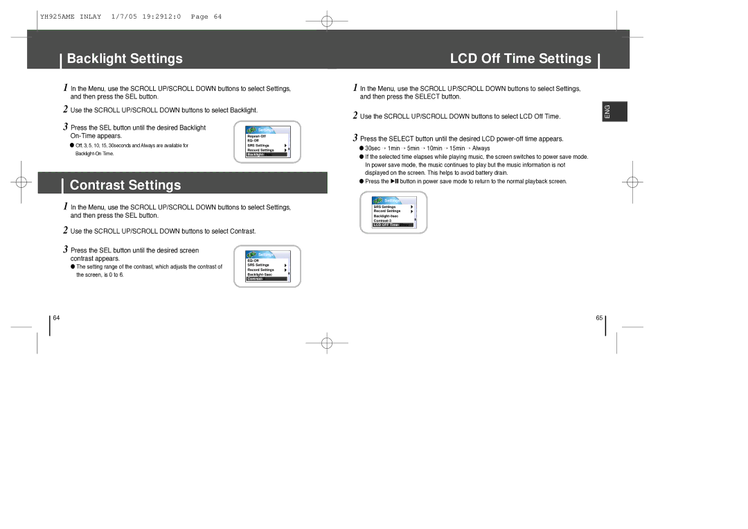 Samsung YH-925 manual Backlight Settings, Contrast Settings, LCD Off Time Settings, On-Time appears 