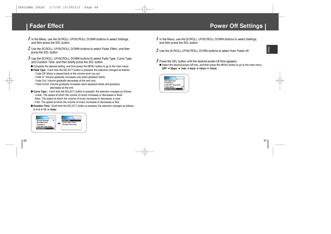 Samsung YH-925 manual Power Off Settings, Settings Fader Effect 