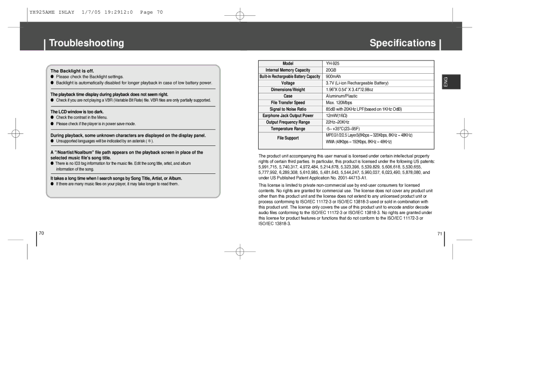 Samsung YH-925 manual Specifications, Backlight is off 