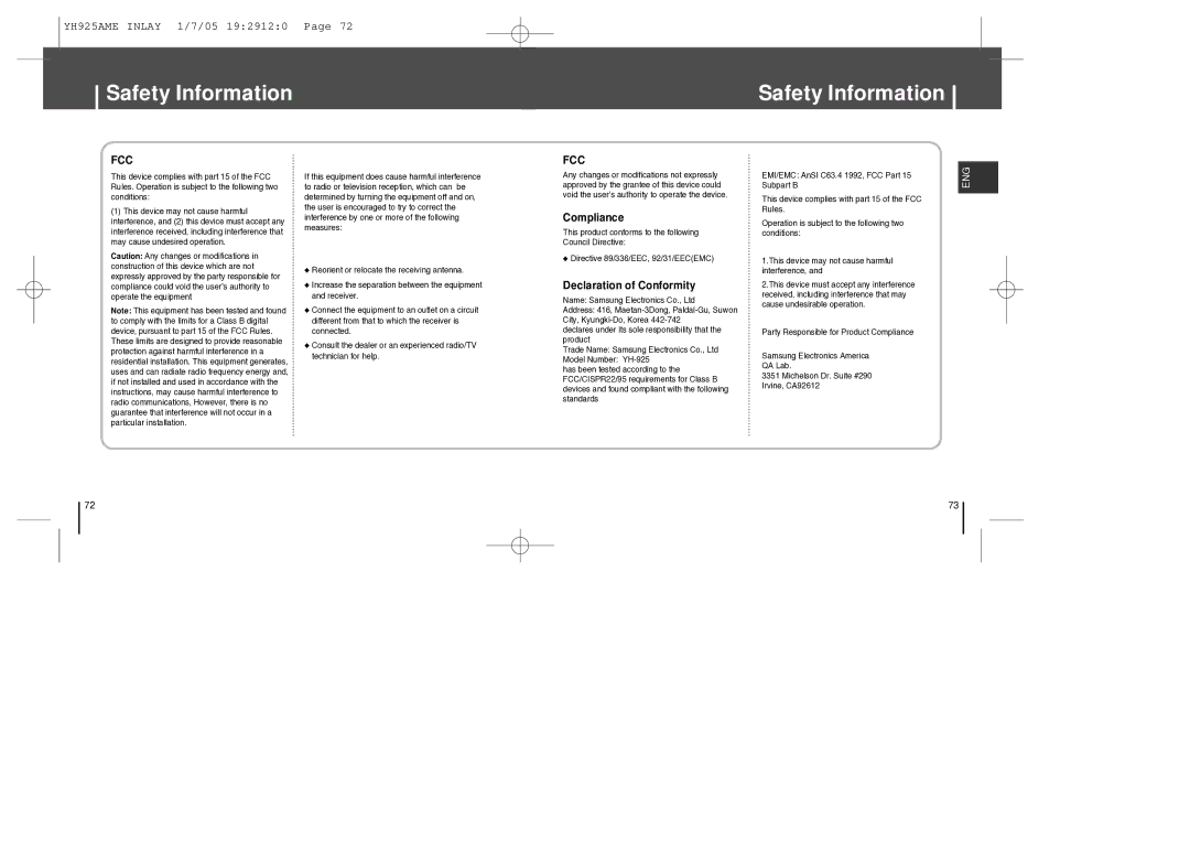 Samsung YH-925 manual Safety Information, Fcc 