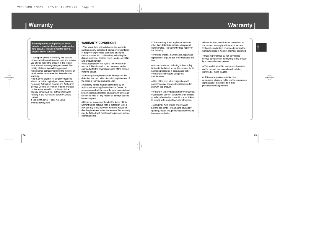 Samsung YH-925 manual Warranty Conditions 