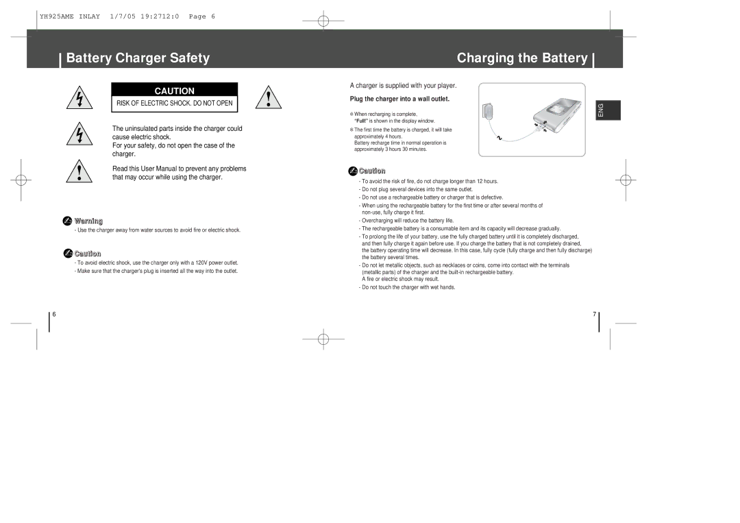 Samsung YH-925 manual Battery Charger Safety, Charging the Battery 