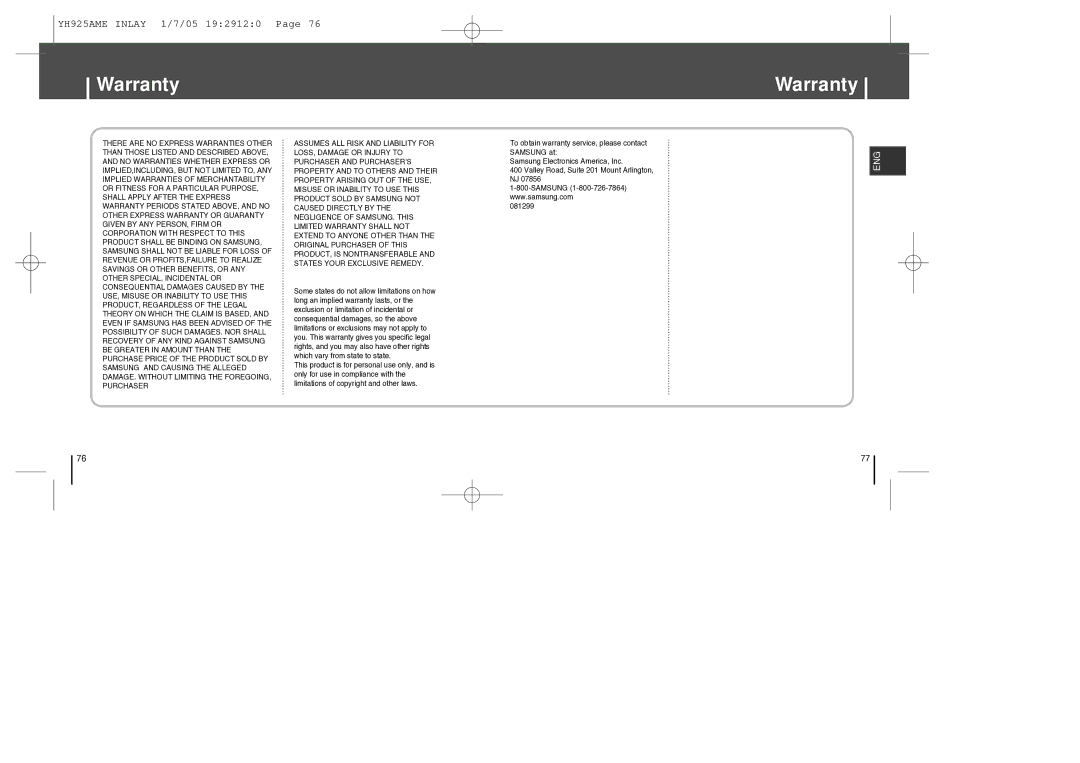 Samsung YH-925 manual Warranty 