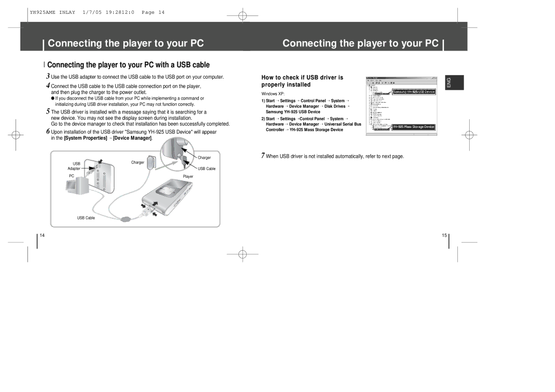 Samsung YH-925 manual Connecting the player to your PC with a USB cable, Properly installed 