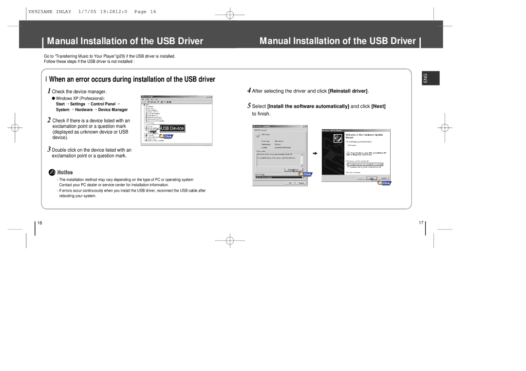 Samsung YH-925 manual Manual Installation of the USB Driver, Check the device manager 