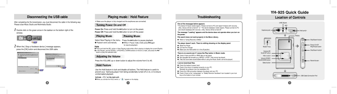 Samsung YH-925GS/CHN, YH-925GS/ELS manual Disconnecting the USB cable, Playing music / Hold Feature, Troubleshooting 