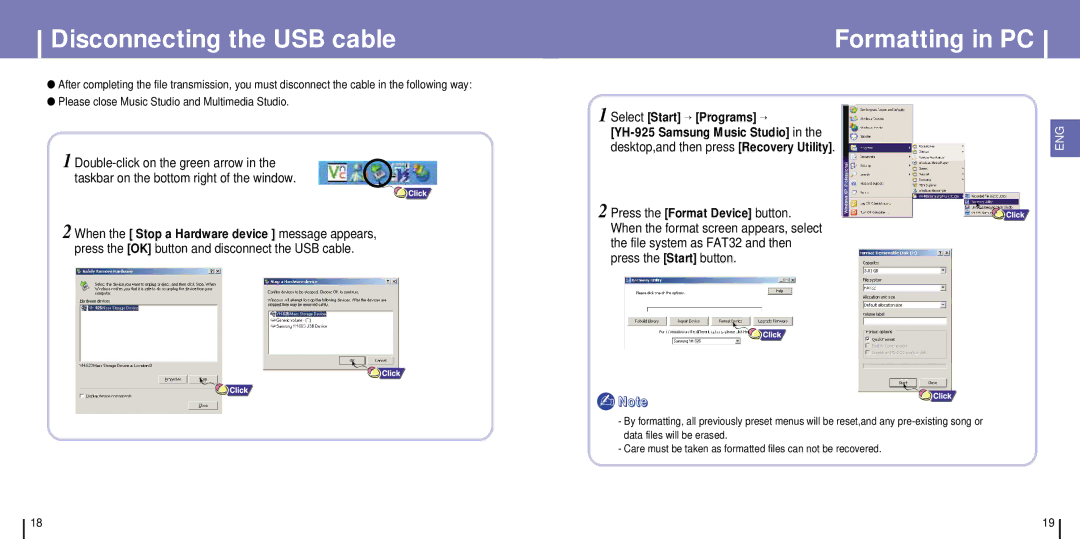 Samsung YH-925GS/CHN, YH-925GS/ELS Disconnecting the USB cable, Formatting in PC, Desktop,and then press Recovery Utility 