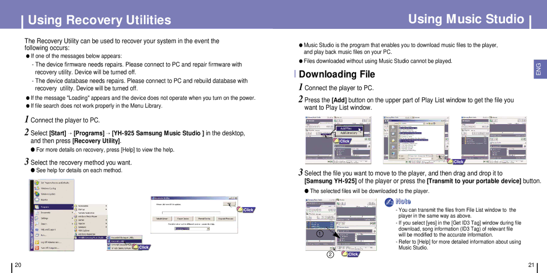 Samsung YH-925GS/XAC, YH-925GS/ELS manual Using Recovery Utilities, Using Music Studio, Select the recovery method you want 