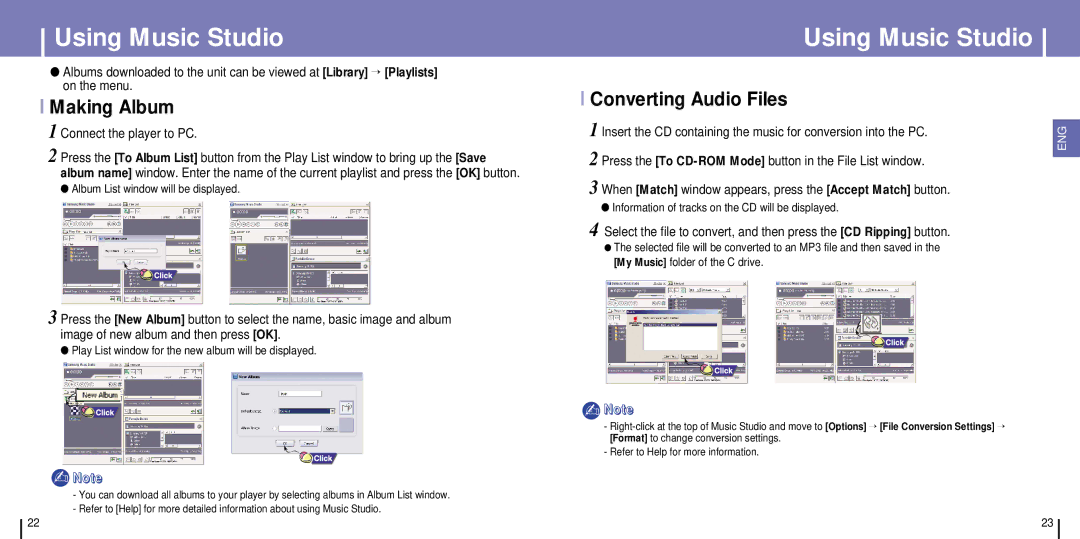 Samsung YH-925GS/XEU, YH-925GS/ELS, YH-925GS/CHN manual Making Album, Converting Audio Files, Connect the player to PC 