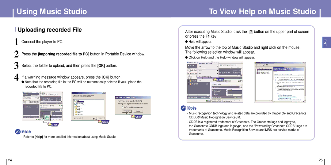 Samsung YH-925GS/XAA, YH-925GS/ELS, YH-925GS/CHN To View Help on Music Studio, Uploading recorded File, Help will appear 