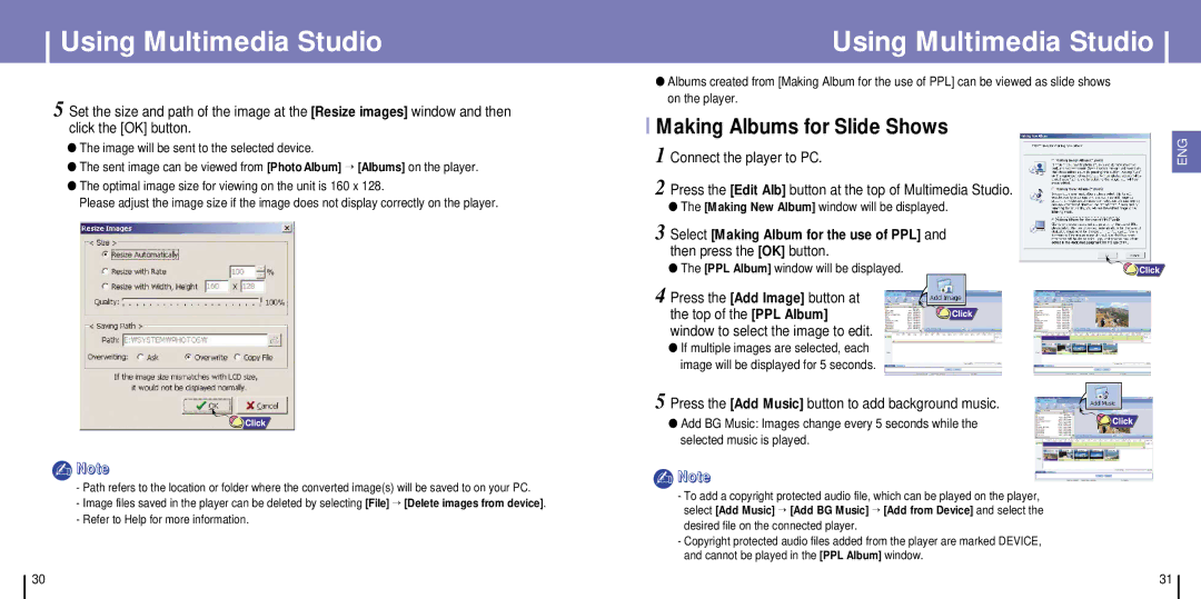 Samsung YH-925GS/XSG, YH-925GS/ELS manual Making Albums for Slide Shows, Press the Add Music button to add background music 