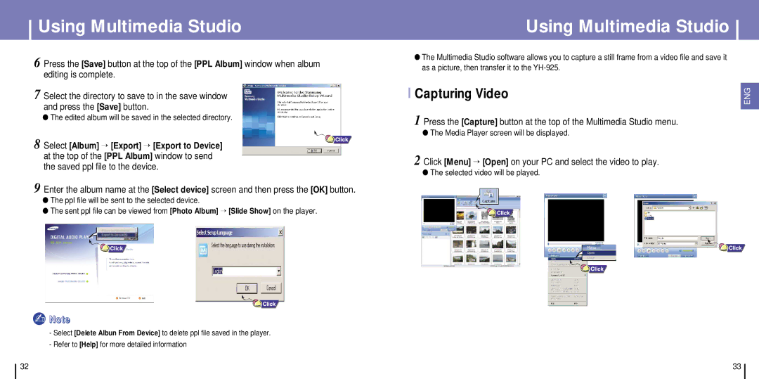 Samsung YH-925GS/AAW, YH-925GS/ELS, YH-925GS/CHN Capturing Video, Click Menu → Open on your PC and select the video to play 