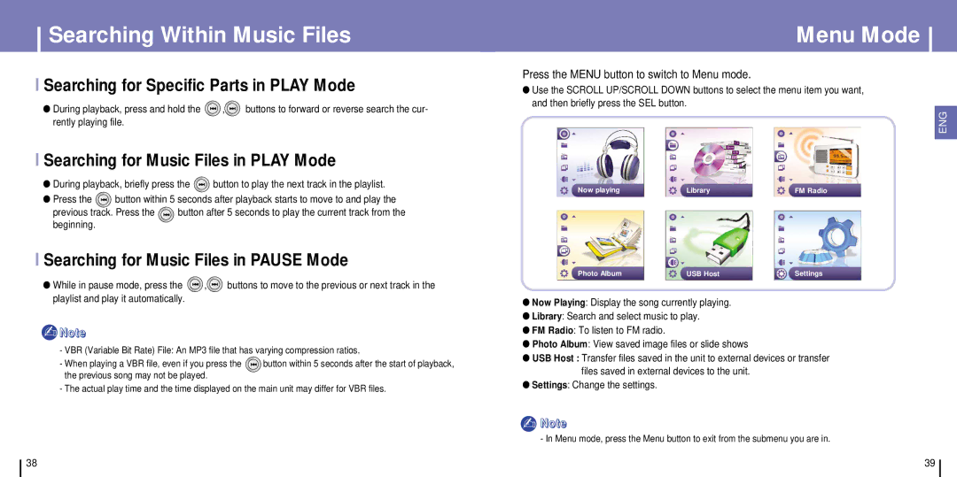 Samsung YH-925GS/XAC, YH-925GS/ELS manual Searching Within Music Files, Menu Mode, Searching for Specific Parts in Play Mode 