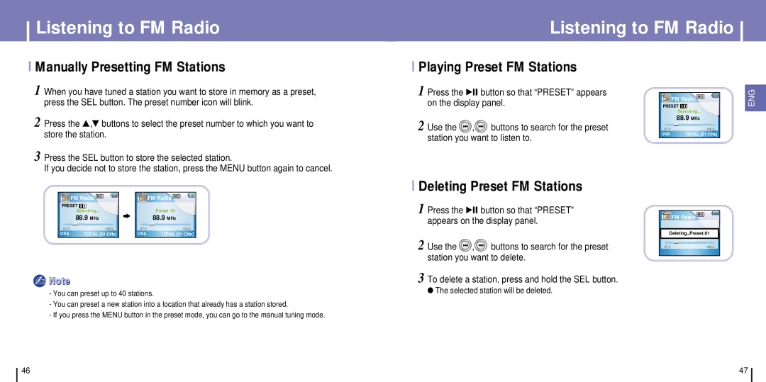 Samsung YH-925GS/HAO manual Manually Presetting FM Stations, Playing Preset FM Stations, Deleting Preset FM Stations 