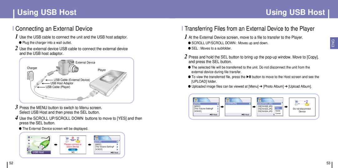 Samsung YH-925GS/ELS, YH-925GS/CHN manual Using USB Host, Connecting an External Device, Plug the charger into a wall outlet 