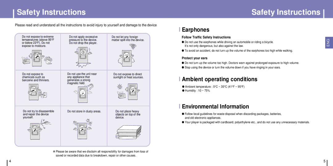 Samsung YH-925GS/XEU, YH-925GS/ELS Safety Instructions, Earphones, Ambient operating conditions, Environmental Information 