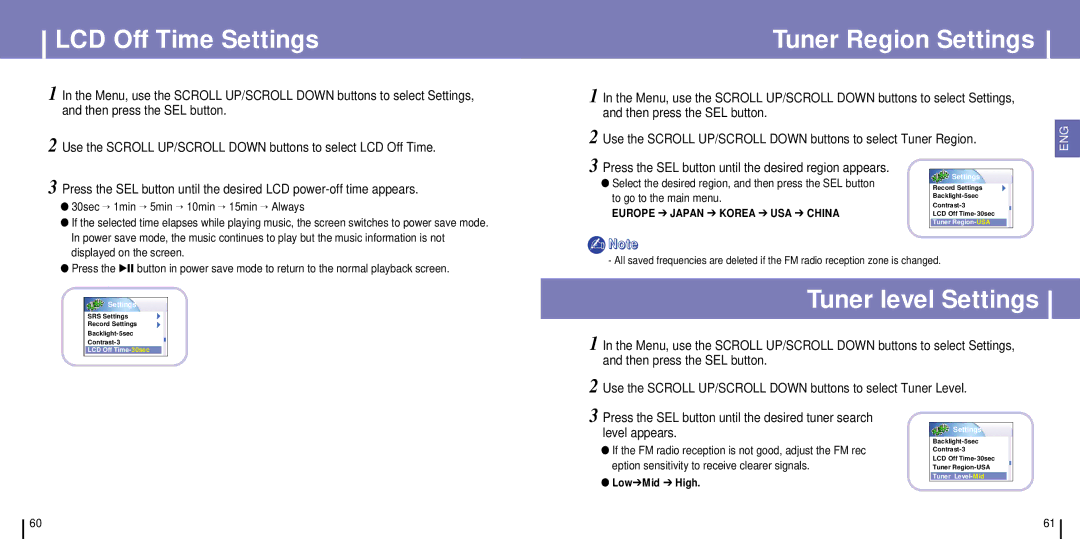 Samsung YH-925GS/XAA manual LCD Off Time Settings, Tuner Region Settings, Tuner level Settings, To go to the main menu 