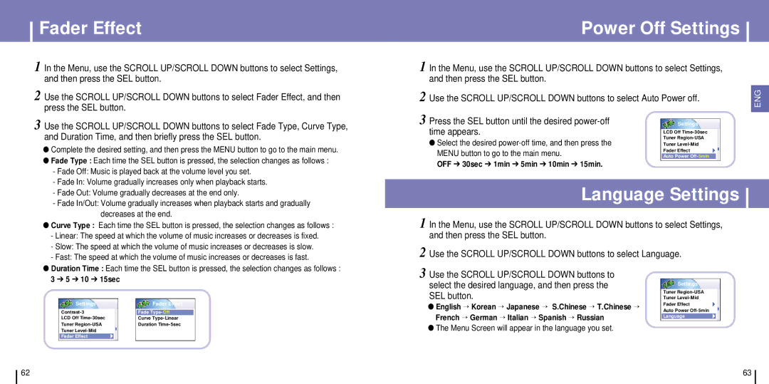 Samsung YH-925GS/XEC, YH-925GS/ELS, YH-925GS/CHN manual Fader Effect, Power Off Settings, Language Settings, Time appears 