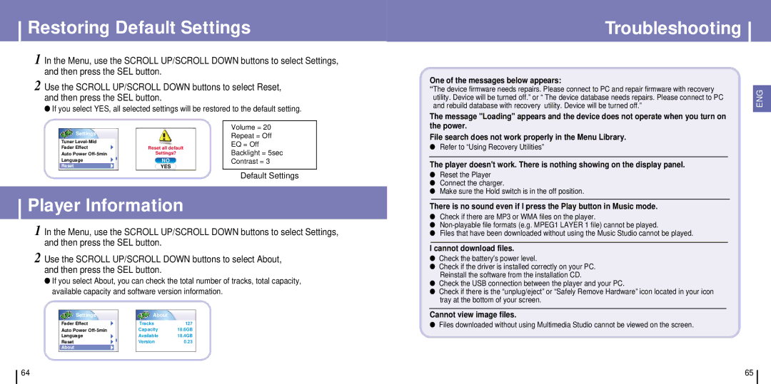 Samsung YH-925GS/HAO, YH-925GS/ELS, YH-925GS/CHN manual Restoring Default Settings, Troubleshooting, Player Information 