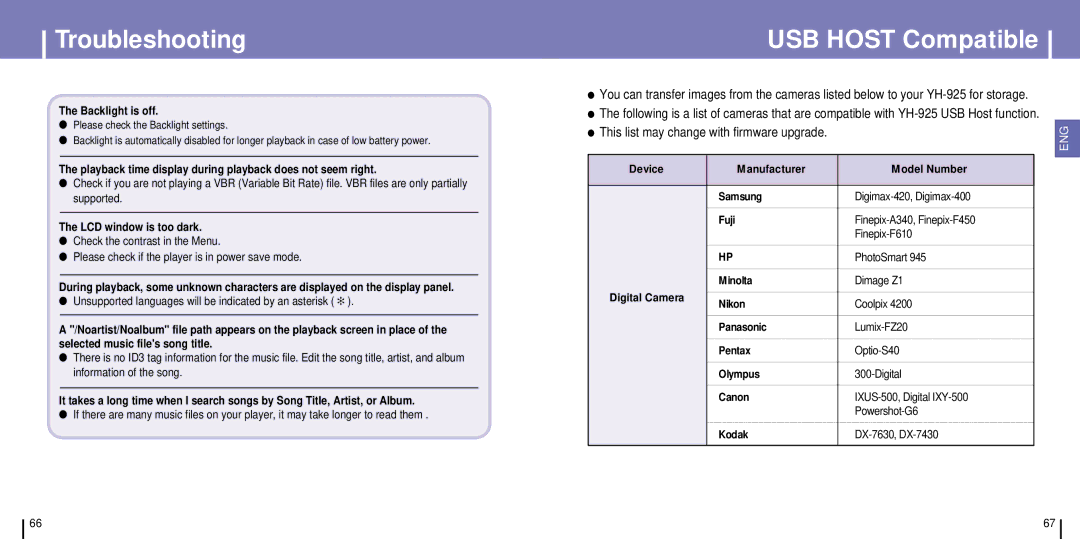 Samsung YH-925GS/XSG, YH-925GS/ELS manual USB Host Compatible, Unsupported languages will be indicated by an asterisk 