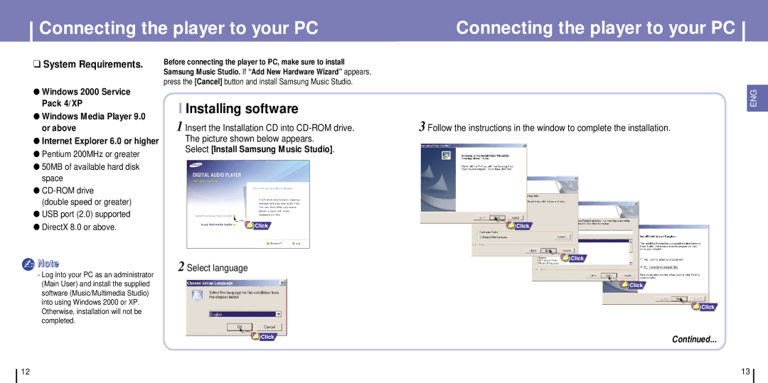 Samsung YH-925GS/XSG, YH-925GS/ELS, YH-925GS/CHN Connecting the player to your PC, Installing software, Select language 