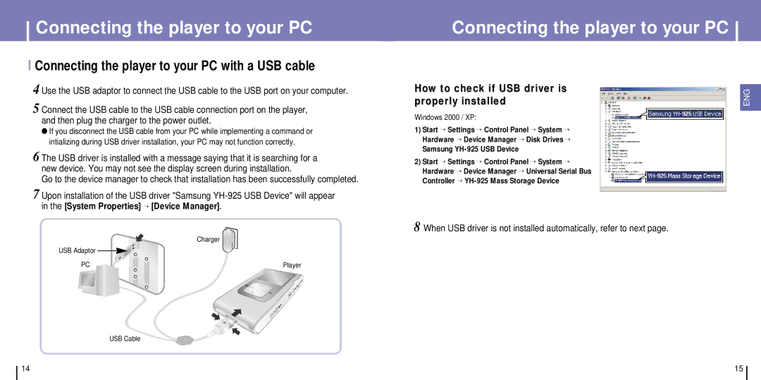 Samsung YH-925GS/AAW, YH-925GS/ELS, YH-925GS/CHN manual Connecting the player to your PC with a USB cable, Windows 2000 / XP 