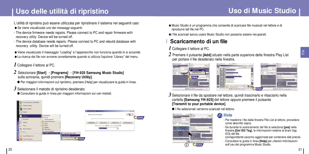 Samsung YH-925GS/CHN, YH-925GS/ELS manual Uso delle utilità di ripristino, Uso di Music Studio, Scaricamento di un file 