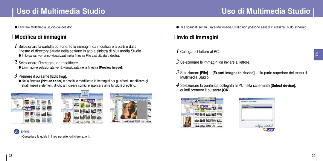 Samsung YH-925GS/ELS, YH-925GS/CHN, YH-925GS/XAC manual Uso di Multimedia Studio, Modifica di immagini, Invio di immagini 