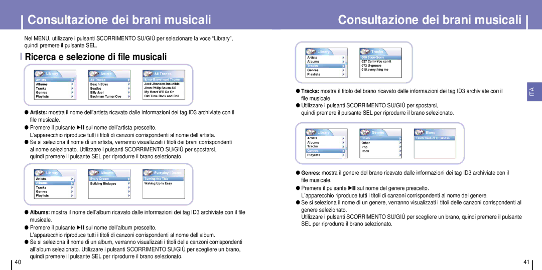 Samsung YH-925GS/CHN, YH-925GS/ELS, YH-925GS/XAC Consultazione dei brani musicali, Ricerca e selezione di file musicali 