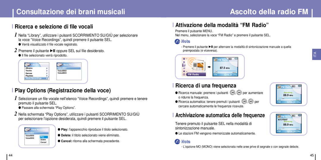 Samsung YH-925GS/XEU manual Ascolto della radio FM, Ricerca e selezione di file vocali, Attivazione della modalità FM Radio 