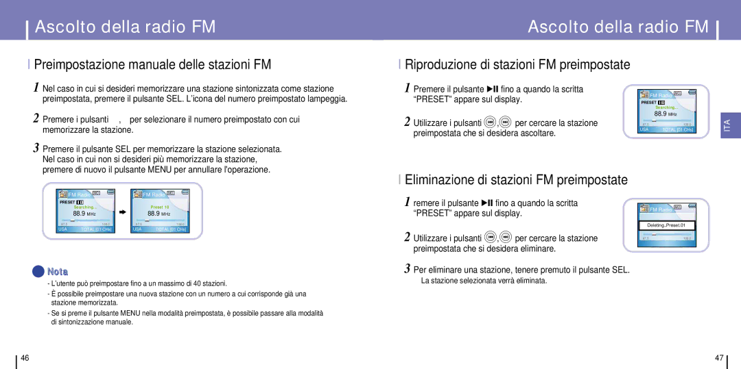 Samsung YH-925GS/XAA Preimpostazione manuale delle stazioni FM, Riproduzione di stazioni FM preimpostate, FM Radio 