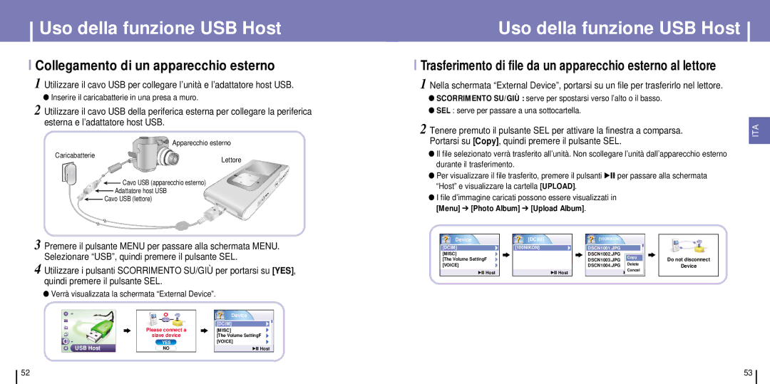 Samsung YH-925GS/XAC, YH-925GS/ELS, YH-925GS/CHN manual Uso della funzione USB Host, Collegamento di un apparecchio esterno 