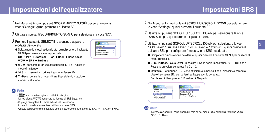 Samsung YH-925GS/XAA, YH-925GS/ELS, YH-925GS/CHN Impostazioni dell’equalizzatore, Impostazioni SRS, Settings SRS Settings 