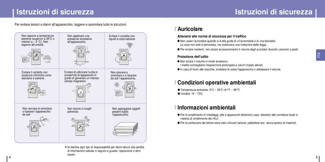 Samsung YH-925GS/XEU manual Istruzioni di sicurezza, Auricolare, Condizioni operative ambientali, Informazioni ambientali 