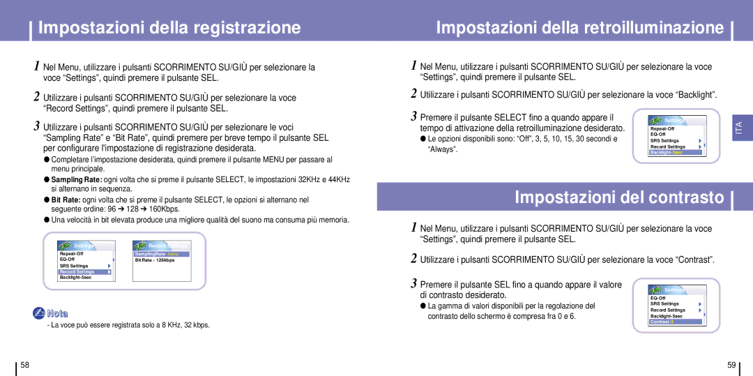 Samsung YH-925GS/ELS, YH-925GS/CHN, YH-925GS/XAC Impostazioni della registrazione, Impostazioni della retroilluminazione 