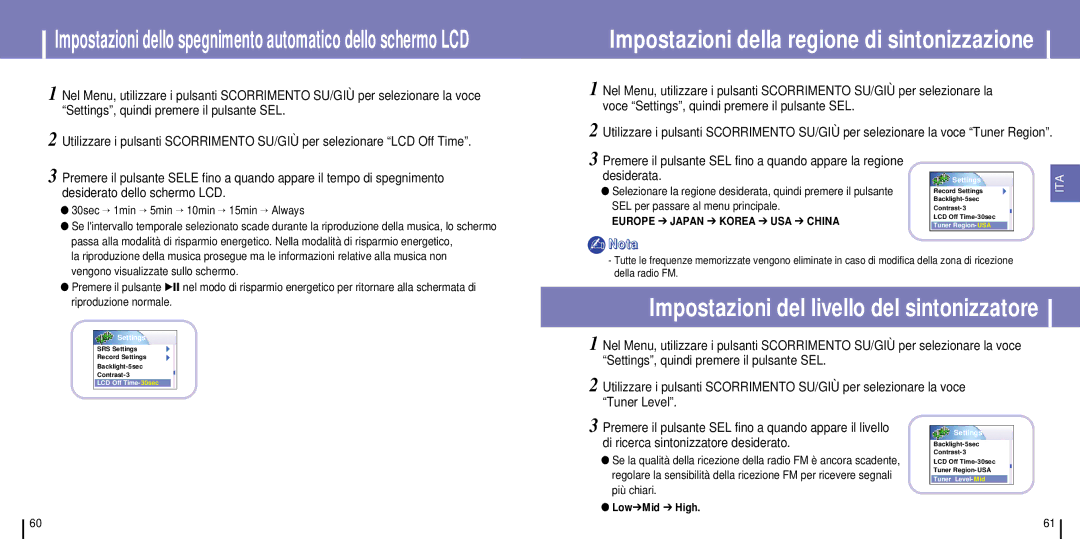 Samsung YH-925GS/CHN, YH-925GS/ELS manual Di ricerca sintonizzatore desiderato, 30sec → 1min → 5min → 10min → 15min → Always 