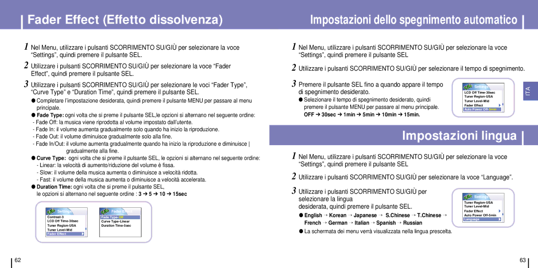 Samsung YH-925GS/XAC, YH-925GS/ELS manual Fader Effect Effetto dissolvenza, Impostazioni lingua, Di spegnimento desiderato 