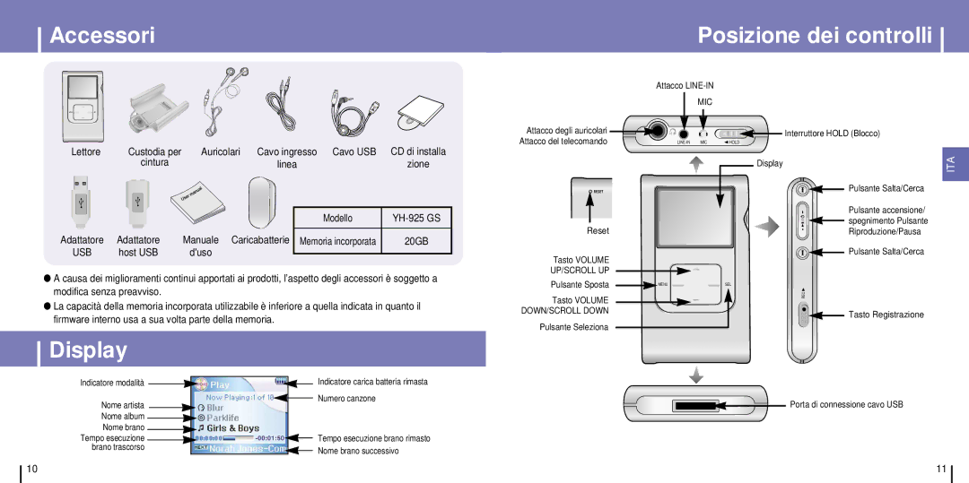 Samsung YH-925GS/CHN, YH-925GS/ELS, YH-925GS/XAC, YH-925GS/XEU, YH-925GS/XAA manual Accessori, Posizione dei controlli, Display 