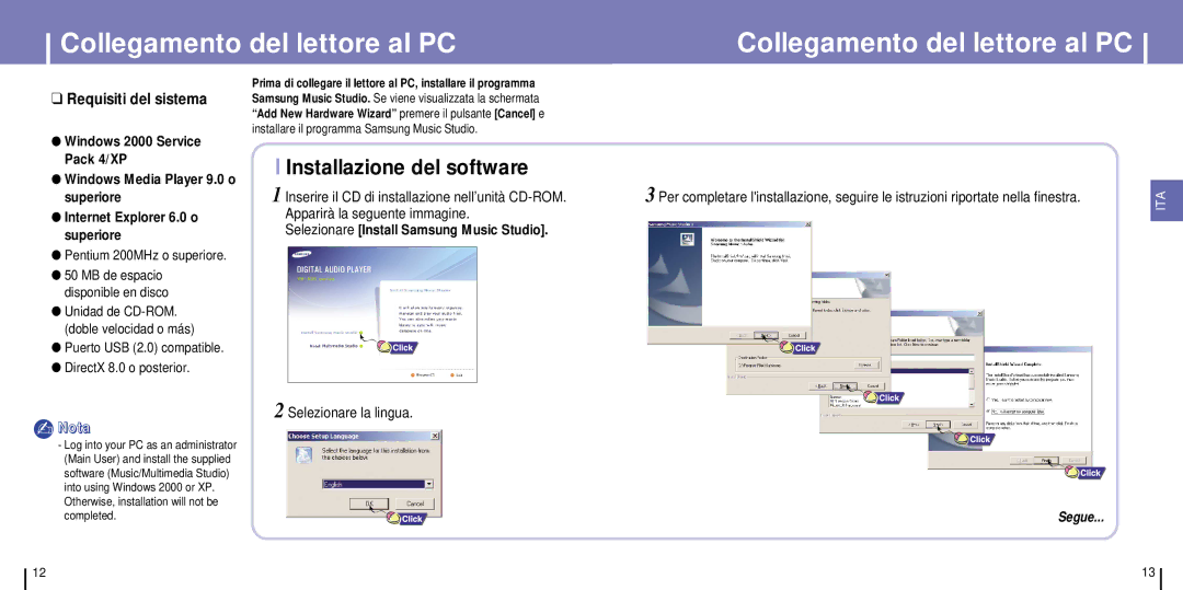 Samsung YH-925GS/XAC, YH-925GS/ELS manual Collegamento del lettore al PC, Installazione del software, Selezionare la lingua 