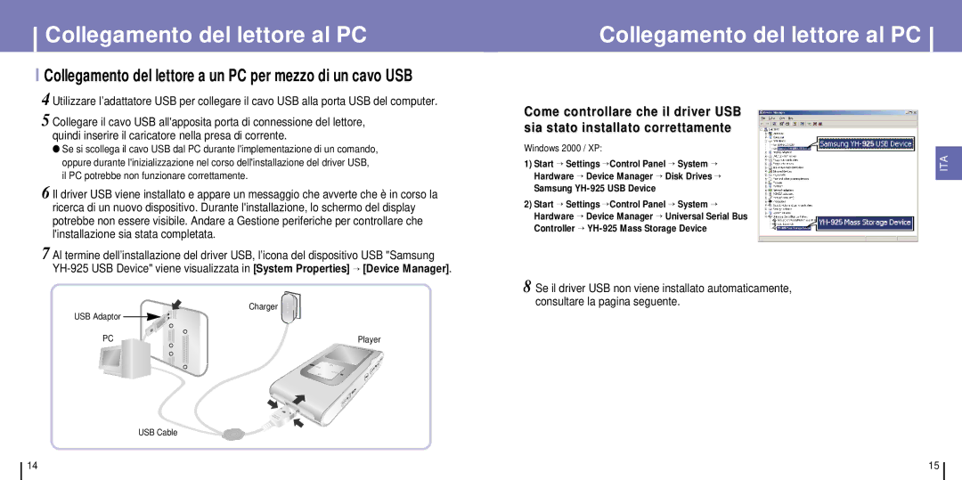 Samsung YH-925GS/XEU, YH-925GS/ELS manual Collegamento del lettore a un PC per mezzo di un cavo USB, Windows 2000 / XP 